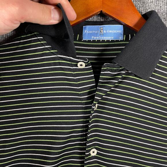 Fairway & Greene Pureformance Polo Shirt Men's Medium Black/Green Striped - Picture 4 of 10